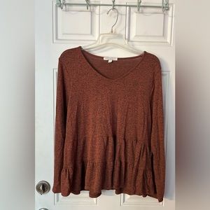 Women’s Green Envelope Brown Flowy Peplum Long Sleeve Top Size Large